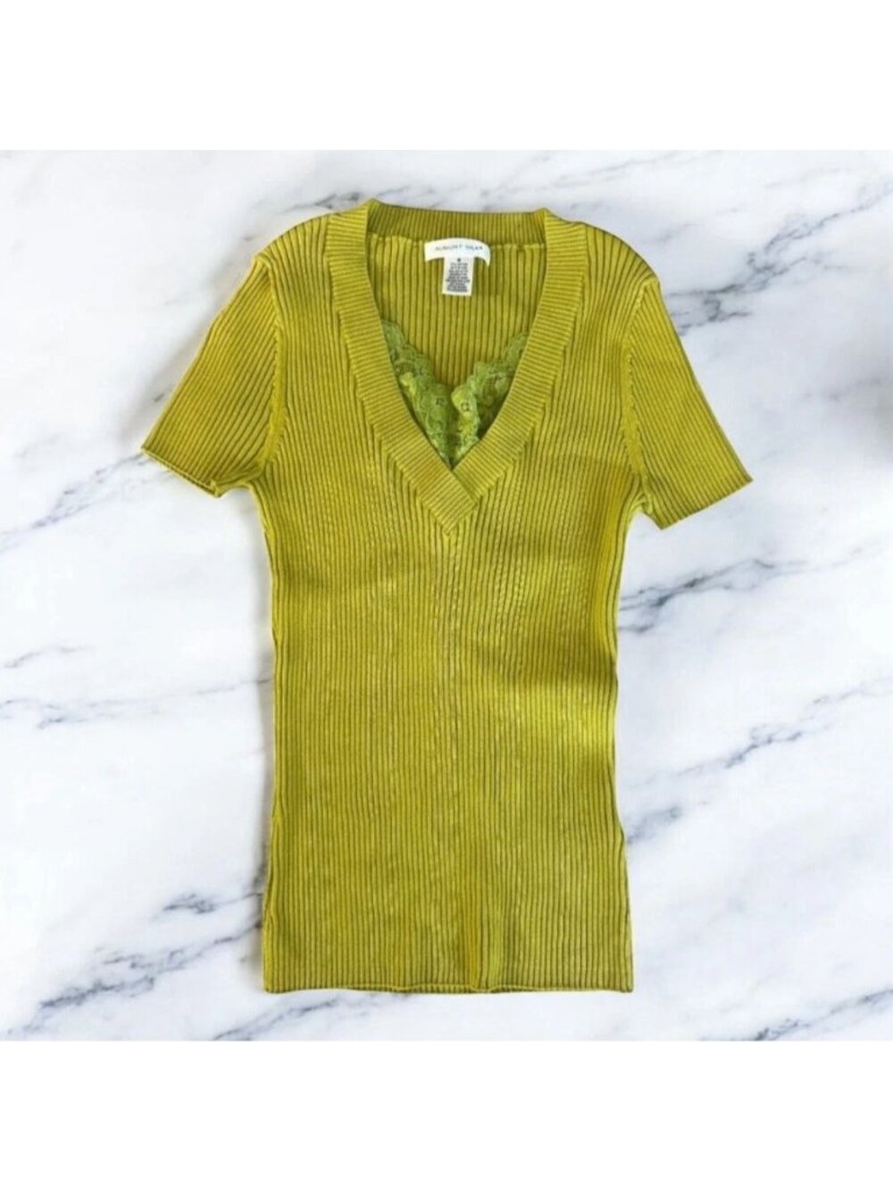 august silk Olive Green Ribbed V-Neck Top with Lace Trim